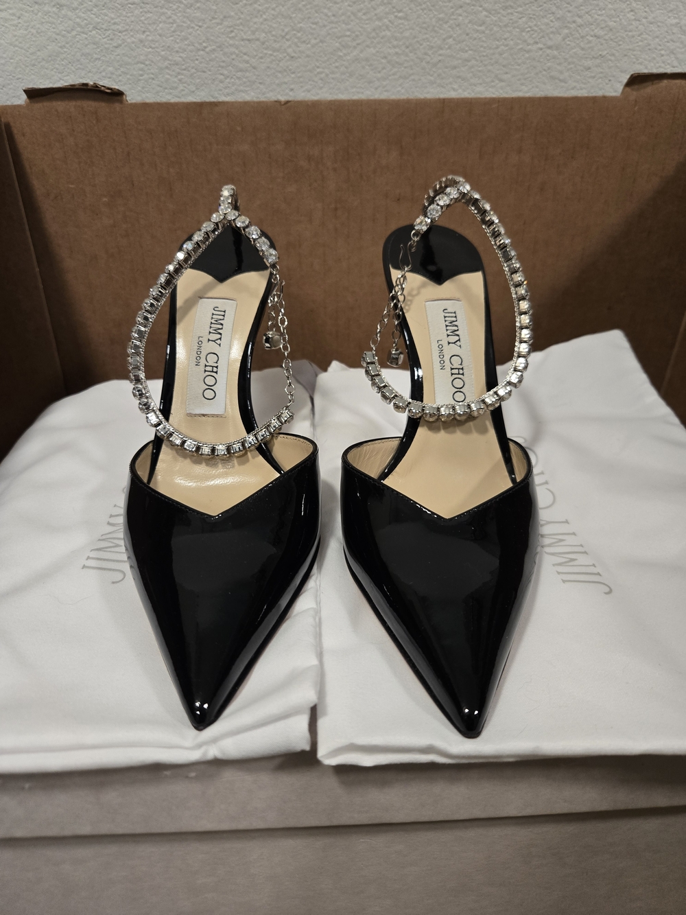 Jimmy Choo Saeda Black Patent Pointed Toe Slingback Pumps Size 37.5